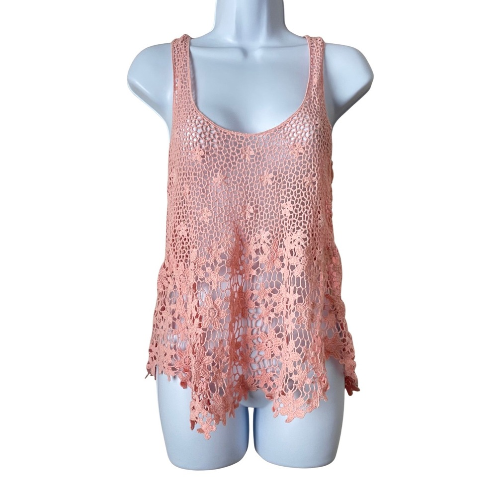 Fang Y2K Floral Crochet Open Knit Lace Tank Top Racerback Small Pink Coquette